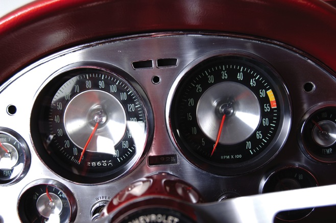 A custom-built gauge cluster was originally installed in the 1964 World's Fair Styling Study Corvette. Sadly, the car was vandalized after the show and the instrument cluster was stolen. The current cluster is a custom-job based on a production panel from a 1963 Corvette.